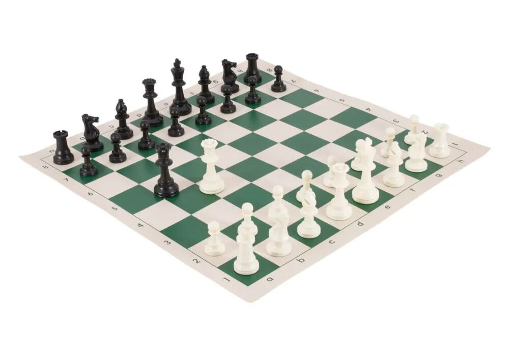 a vinyl chess board with plastic pieces