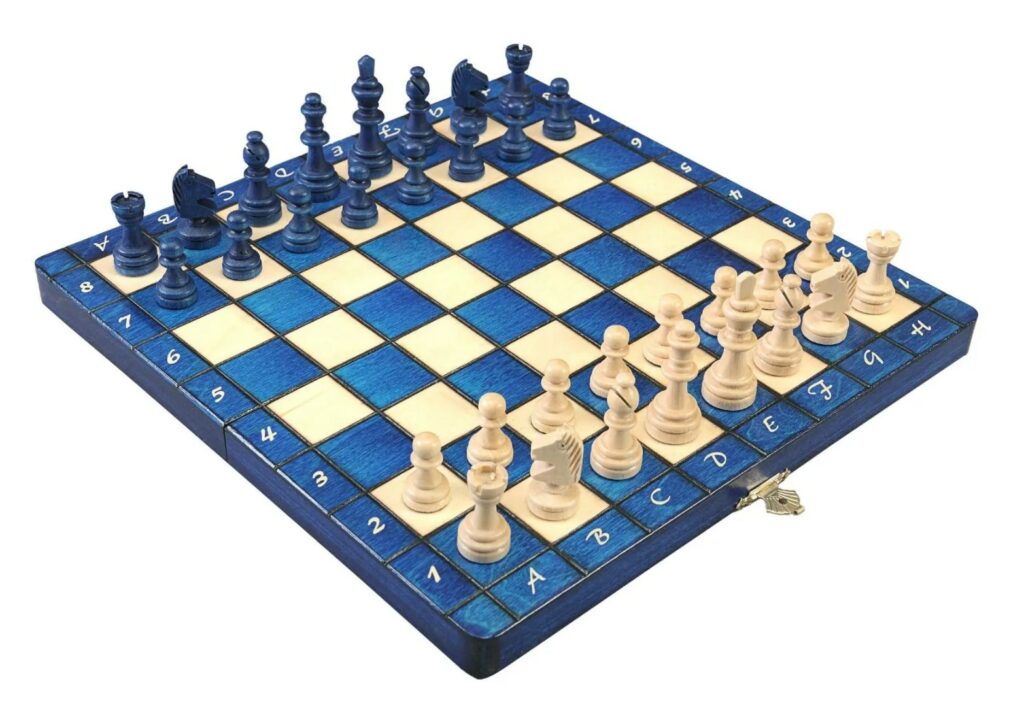 A handcrafted Blue Magnetic Chess Set made from natural and stained hornbeam wood