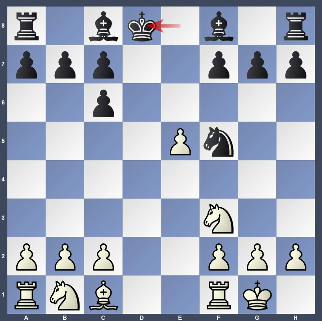 Black moving his king to e8 to protect him.