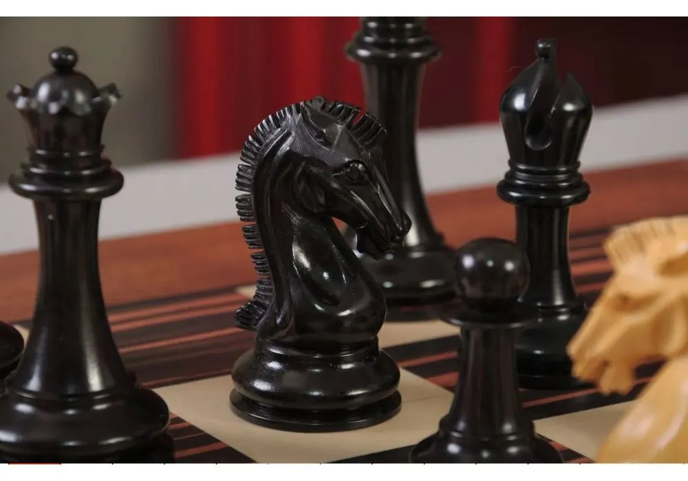 A close-up of the 2023 Sinquefield Cup Player's Edition Series Chess Pieces, featuring a detailed black knight