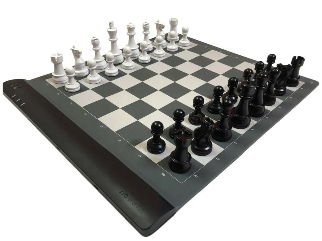 A close up of the square off chess board