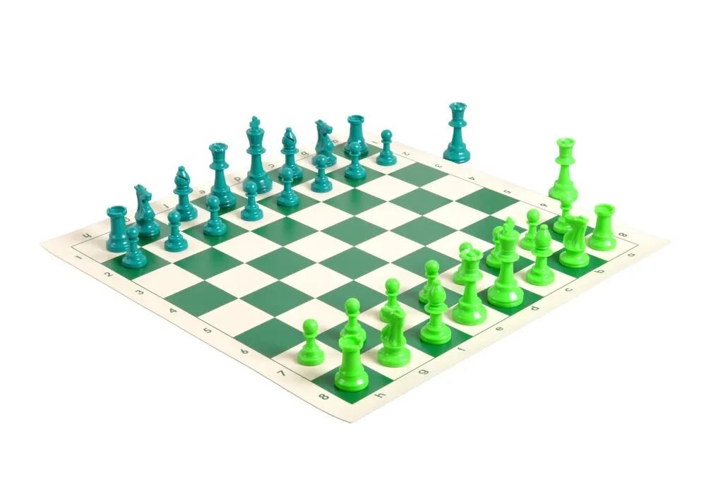 Chessboard with green and blue chess pieces in starting positions