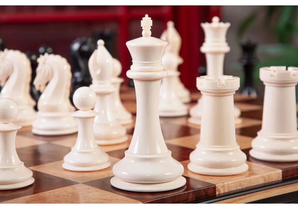 Close-up of a luxury chess set with white pieces from House of Staunton