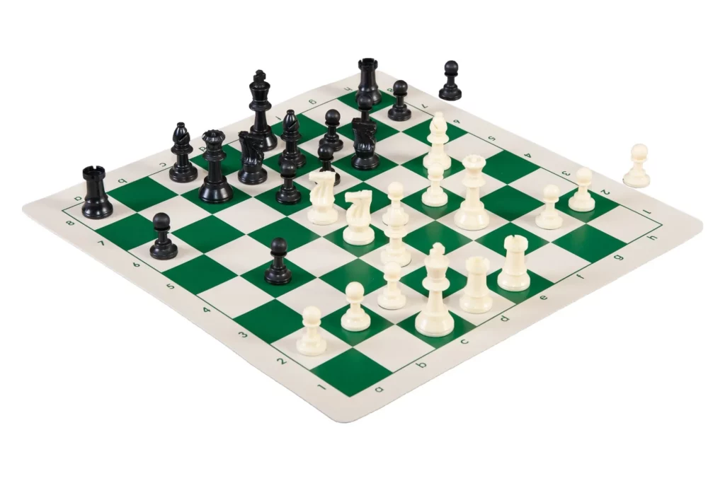 Green and White analysis chessboard with neatly arranged pieces signifying different moves