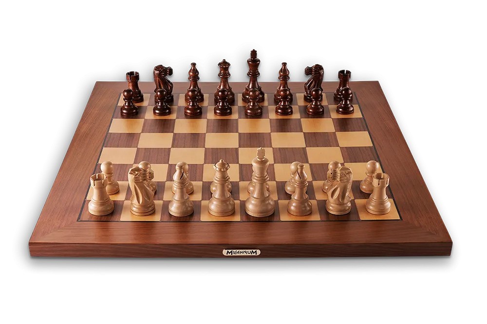 An e-chessboard with pieces assembled for play