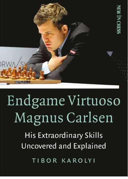 Book cover showing Magnus Carlsen looking focused on a chess game