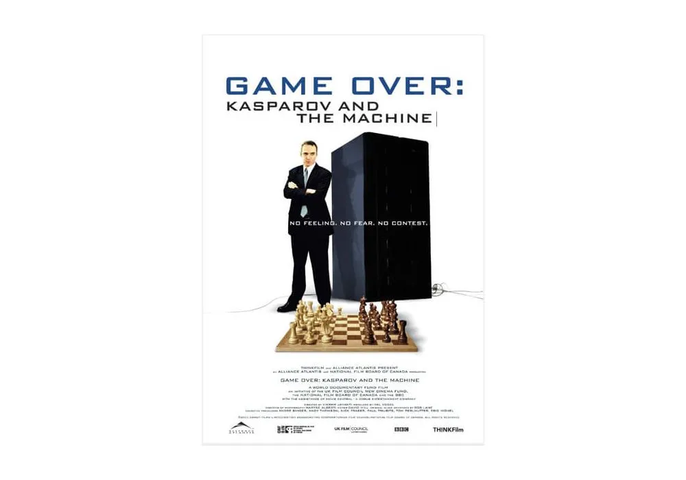 Movie poster with Garry Kasparov standing next to a computer with a chessboard in front