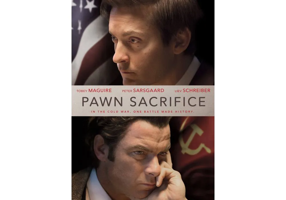 DVD of "Pawn Sacrifice" featuring actors Tobey Maguire and Liev Schreiber with an American and Soviet flag background