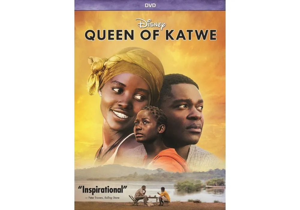 DVD cover of "Queen of Katwe" featuring main characters Phiona, her mother, and coach against a sunset.