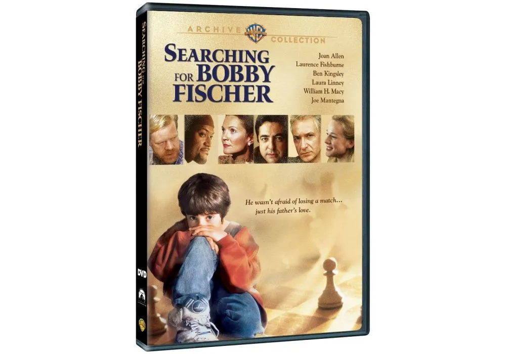 DVD cover of "Searching for Bobby Fischer" featuring the main character and several adult characters, with a chess piece in the foreground